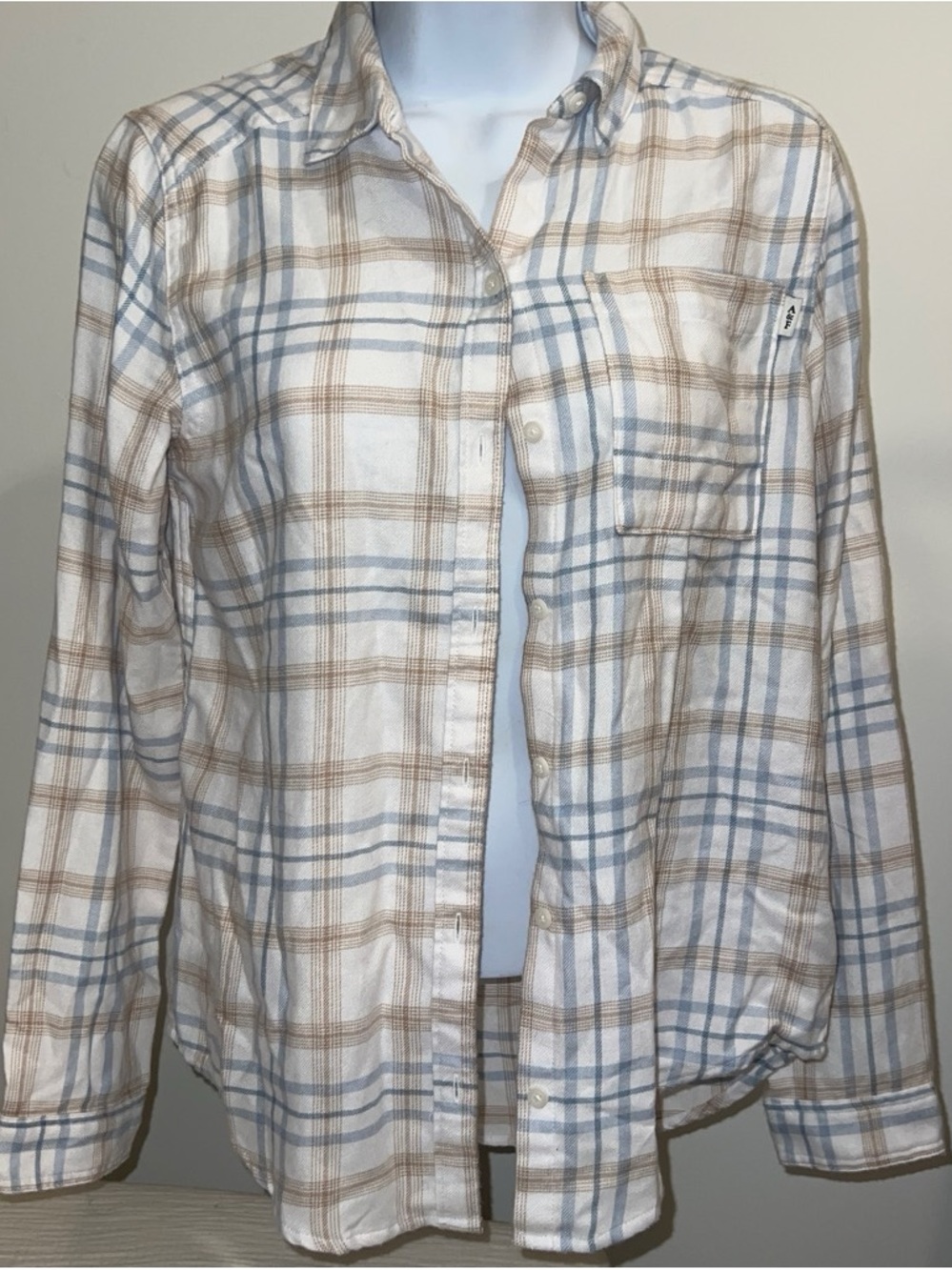 abercrombie kids Plaid Button-Down Shirt in White, Light Blue & Brown